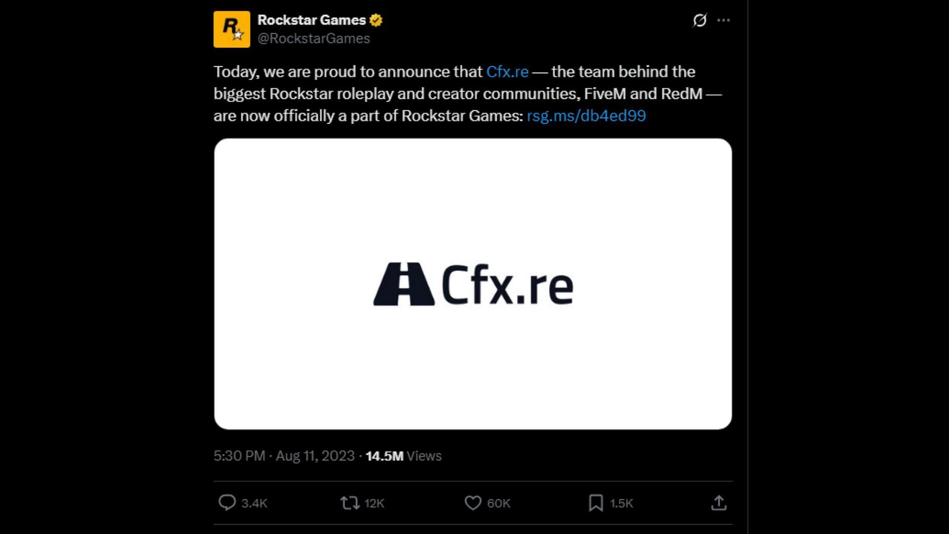 Rockstar Games announcing the acquisition of Cfx.re (Image via X/@RockstarGames)